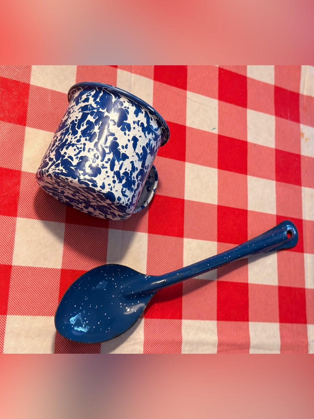 Blue Enamel Spatterware Coffee Mug and Large Cooking Spoon